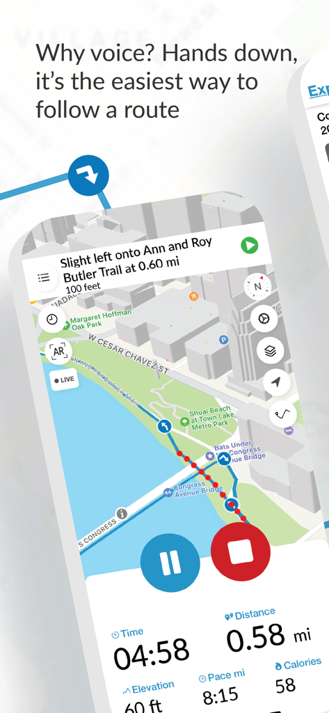 RunGo - The Best Routes to Run - RunGo app interface showing a running route on a map with turn by turn voice navigation instructions