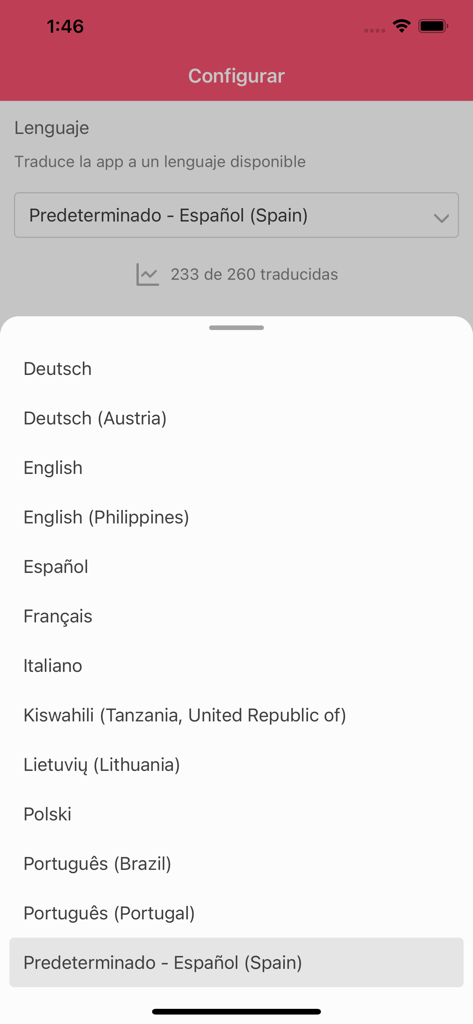Menu de sélection de la langue dans l'écran de configuration de l'application iResucitó, montrant diverses options de langue comme l'anglais, l'espagnol et l'italien.