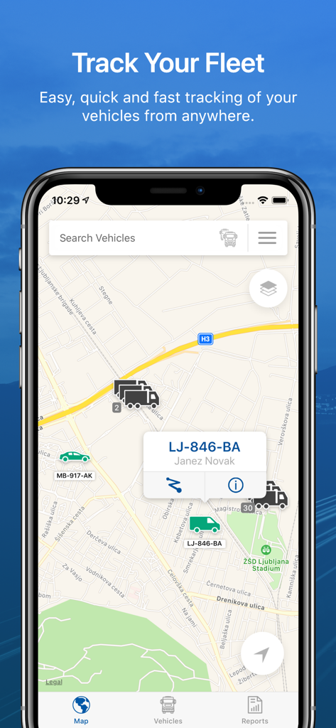 mobileMAP (by CVS / Eurowag) - Screenshot der mobileMAP App, die Live-Fahrzeugverfolgung und Flottenmanagement auf einer Karte zeigt.