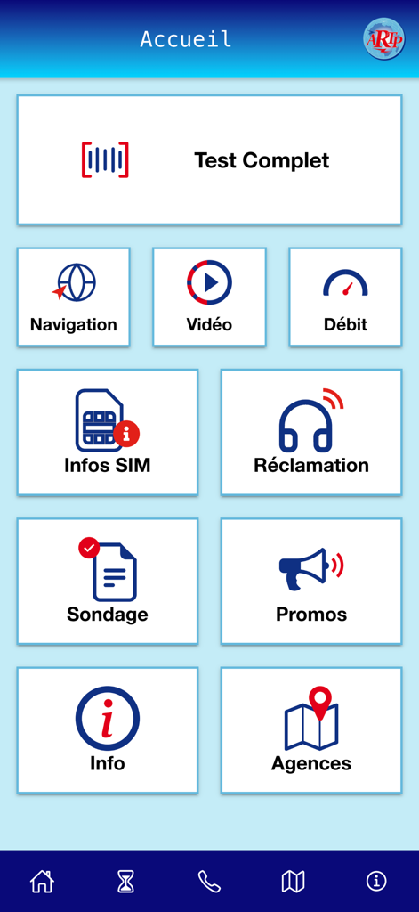 Saytu Réseaux - Écran d'accueil de l'application Saytu Réseaux présentant les options de test de qualité réseau et des tuiles d'informations sur le service