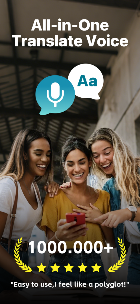Três amigos usando o aplicativo Speak Translator para tradução fácil de voz e texto durante uma viagem