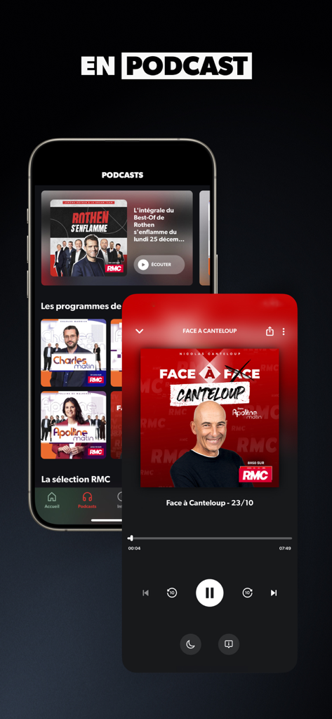 Schermata dello smartphone che mostra la libreria di podcast di RMC Radio e il lettore audio