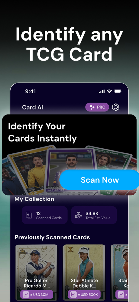 Tela inicial do aplicativo Kardo para identificar cartas TCG e rastrear o valor da coleção