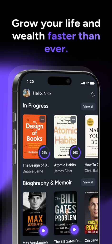 Bookgenius: Read Books Faster - A mobile app screen showing reading progress for titles like Atomic Habits and a selection of biography books.