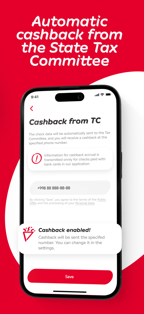 Korzinka 앱 인터페이스에 확인 메시지와 함께 자동 세금 환급 기능이 표시됨