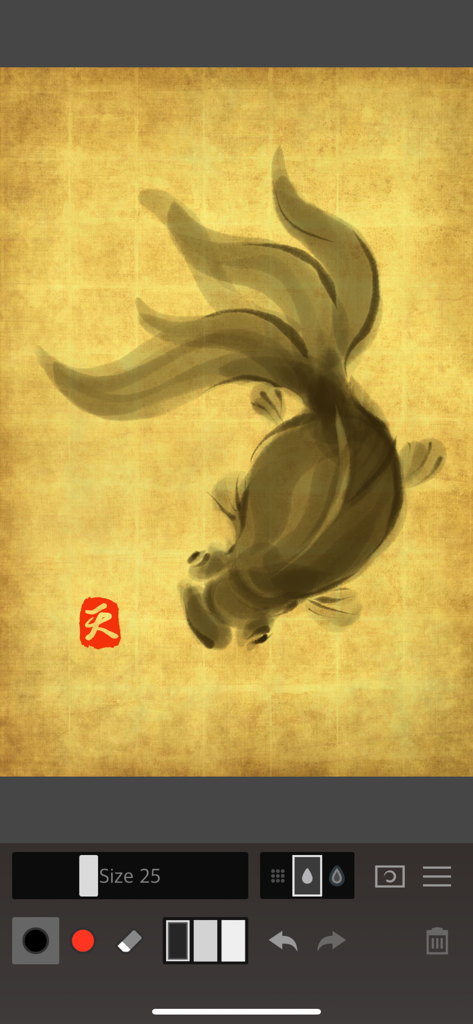 Zen Brush 2 - A digital ink painting of a goldfish on a gold textured canvas within the Zen Brush 2 app.