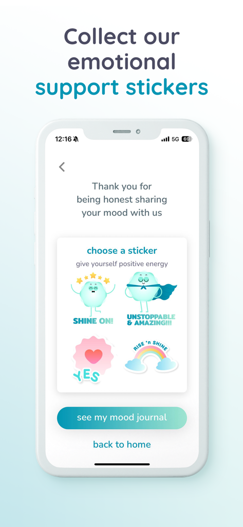 SATI APP - SATI APP mobile interface showing a collection of colorful emotional support stickers to choose from after logging a mood.
