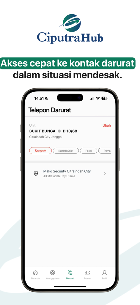 Ciputra Hub - Ciputra Hub app interface showing quick access to emergency contacts for residents