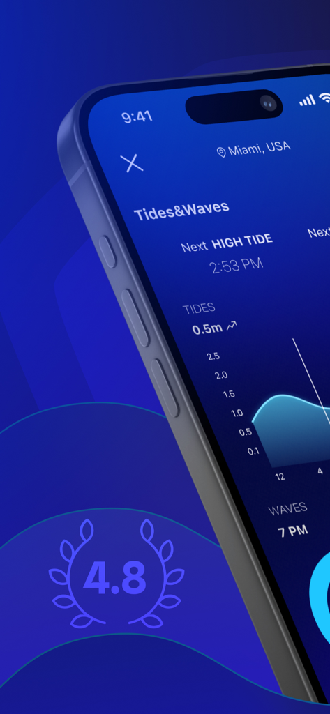 Cloud-W - Cloud-W app interface showing high tide times and wave charts for Miami.