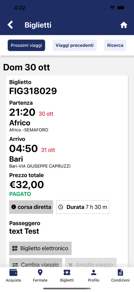 MyFederico - Digital bus ticket overview in the MyFederico app showing travel details and payment status.