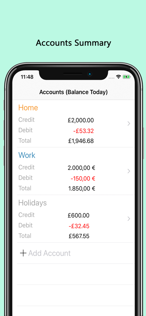 xMoney - Personal Finance - xMoney App Kontozusammenfassungsbildschirm mit Finanzguthaben für die Kategorien Zuhause, Arbeit und Urlaub