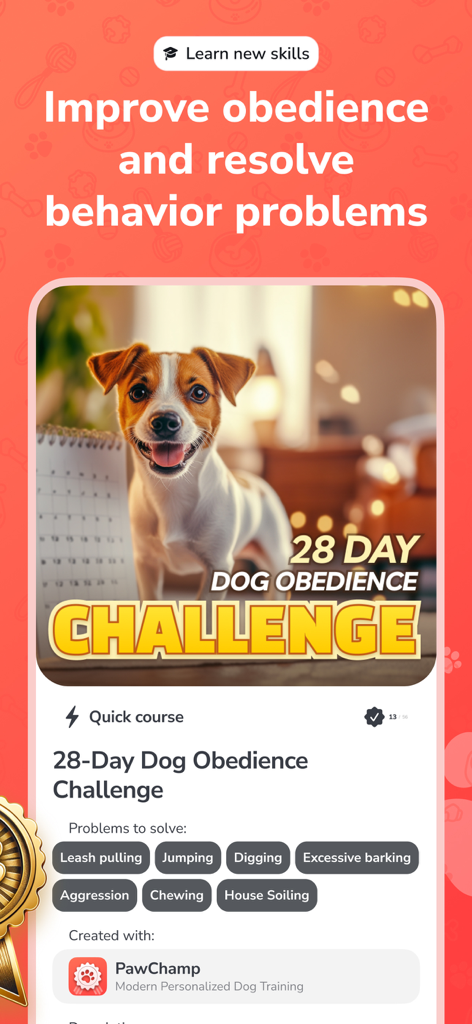 Interfaz de la aplicación PawChamp que muestra un desafío de obediencia canina de 28 días para resolver problemas de comportamiento comunes.