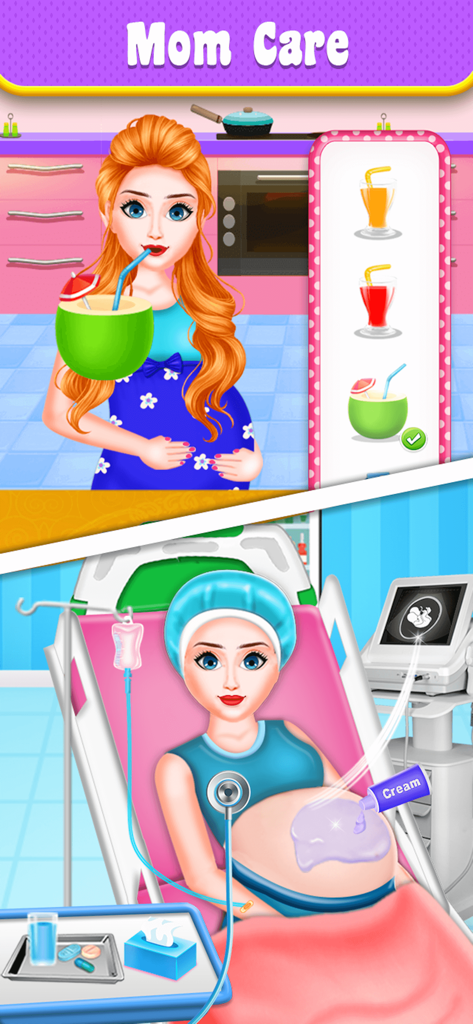 Pregnant Mom BabySitter Game - Screenshot of Pregnant Mom BabySitter Game showing a character drinking juice in a kitchen and another character undergoing a medical ultrasound checkup.