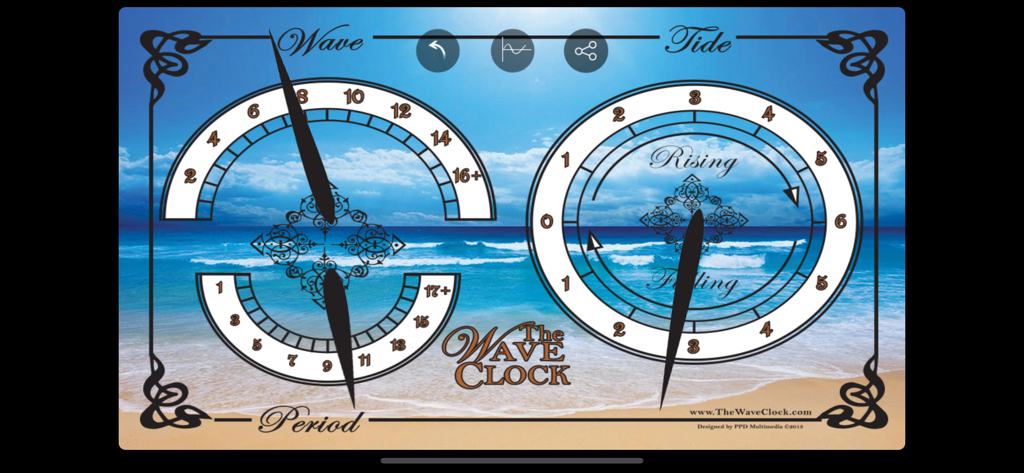 Panel de estilo analógico que muestra la altura de las olas, el período de las olas y el nivel de la marea con un fondo de playa