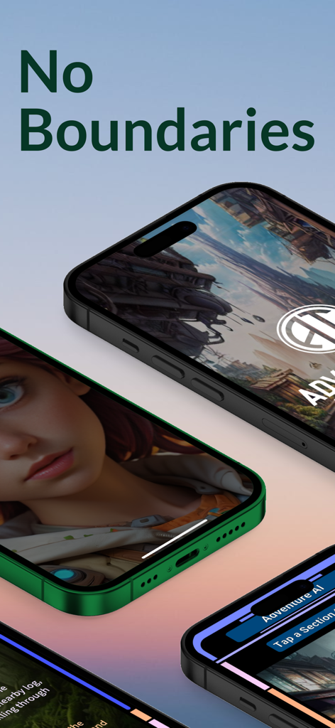 AI Adventure - Your Story RPG - Drei iPhones, die verschiedene filmische Story-Bildschirme und Charakterkunst aus der AI Adventure RPG-App zeigen.