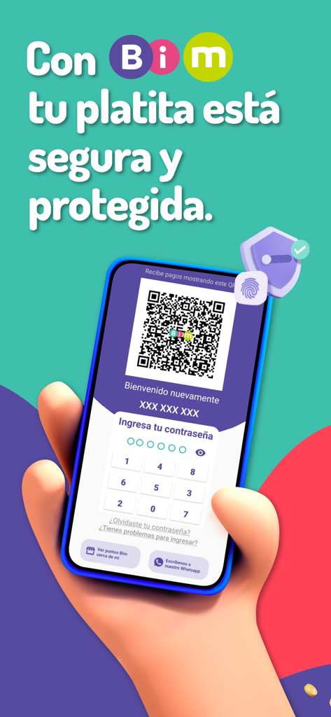 Bim - Tela de login segura da carteira móvel Bim com um código QR e teclado numérico