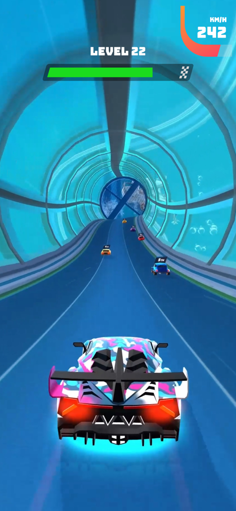A sports car with pink and blue camouflage racing through a neon blue underwater tunnel