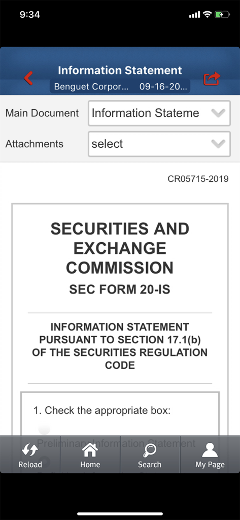 PSE EDGE - A mobile screenshot of the PSE EDGE app displaying an official SEC information statement for Benguet Corporation