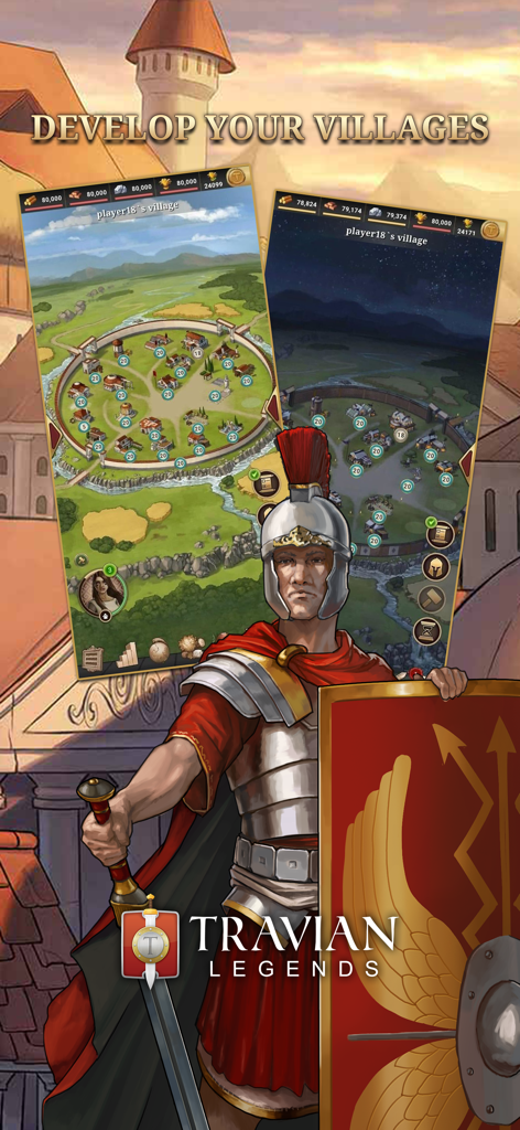 Un centurione romano in piedi accanto a schermate di gioco mobile che mostrano lo sviluppo del villaggio in Travian Legends