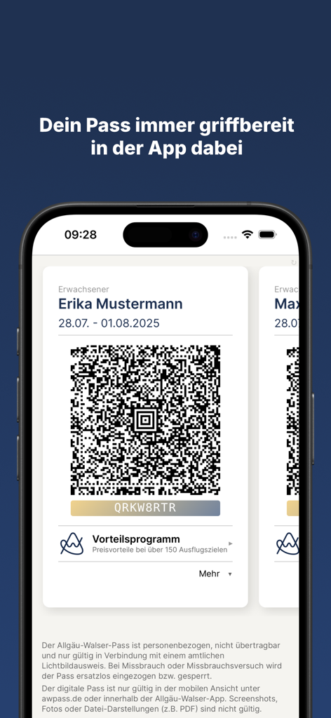 Digitaler Gästepass mit einem QR-Code, angezeigt in der Allgäu Walser Pass Mobile App