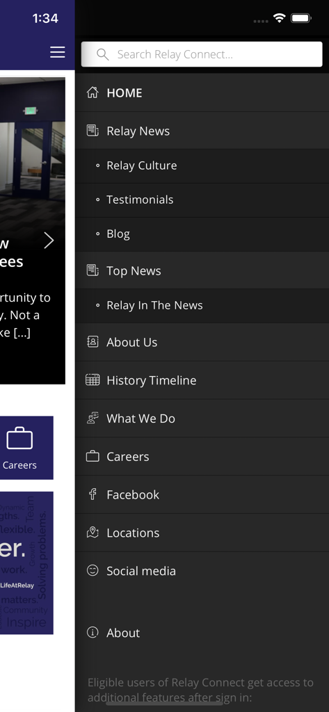 Menú de navegación de la aplicación móvil Relay Connect con categorías para Noticias, Carreras e Historia