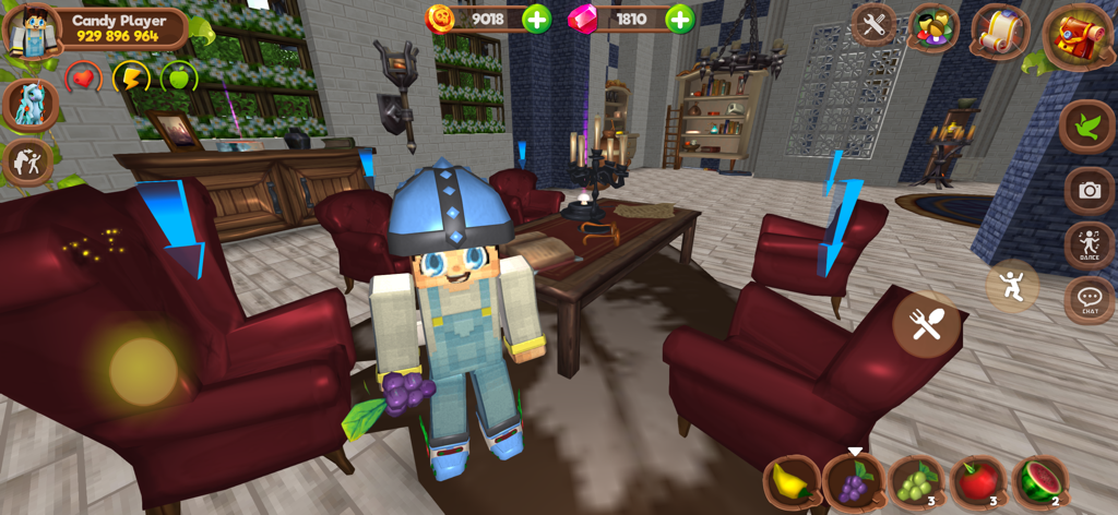 Pony World Craft - A cubic character standing in a decorated room with red armchairs and furniture in Pony World Craft