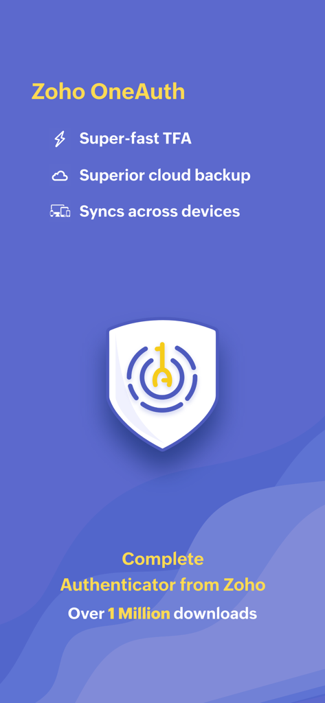 Authenticator App - OneAuth - Zoho OneAuth authenticator app screen showing TFA cloud backup and cross device sync features.