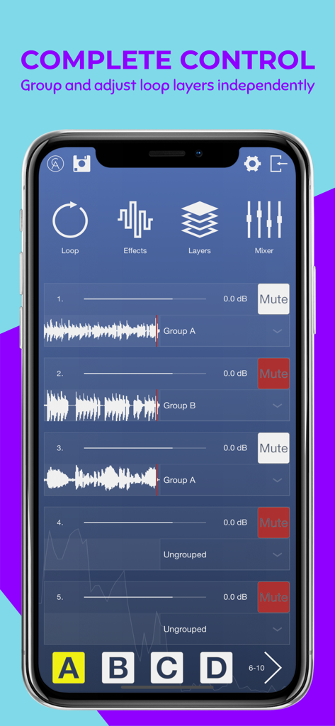 Interface of One Loop music app showing multiple audio layers and group controls for music production on an iPhone