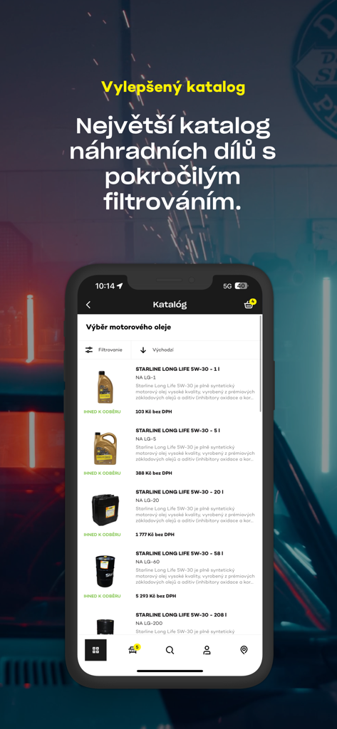Smartphone screen displaying the Auto Kelly app spare parts catalog with motor oil listings and filtering features.
