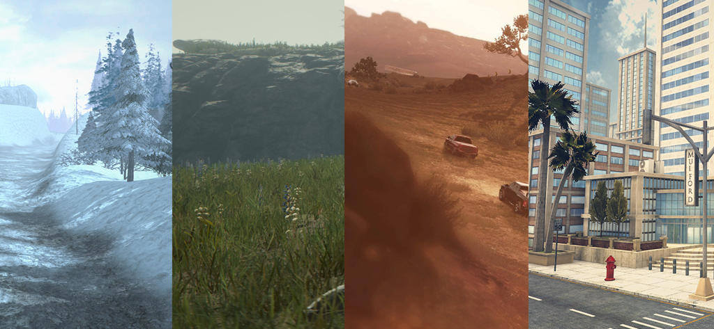 Offroad G63 - Collage showing four different driving environments in Offroad G63: snow, forest, desert, and city.