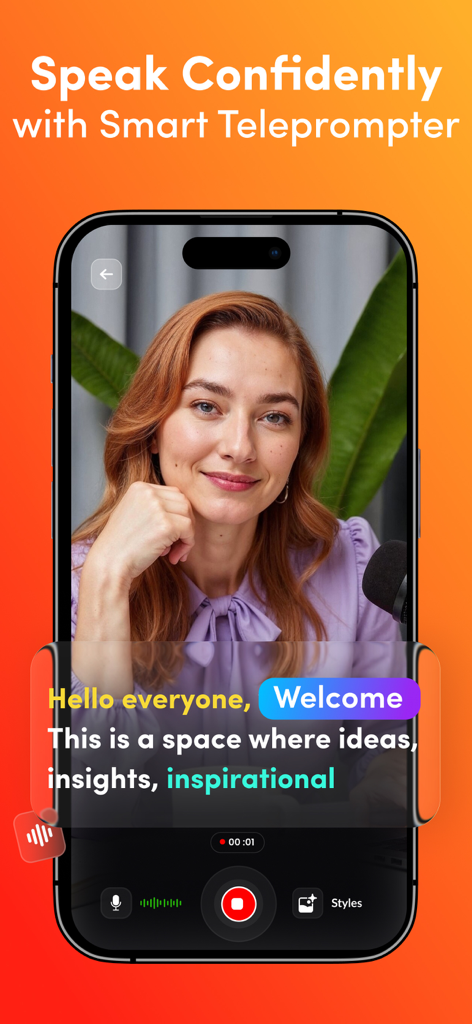 Teleprompter :Video Recording· - Smartphone screen showing a woman recording a video with a teleprompter script overlay.