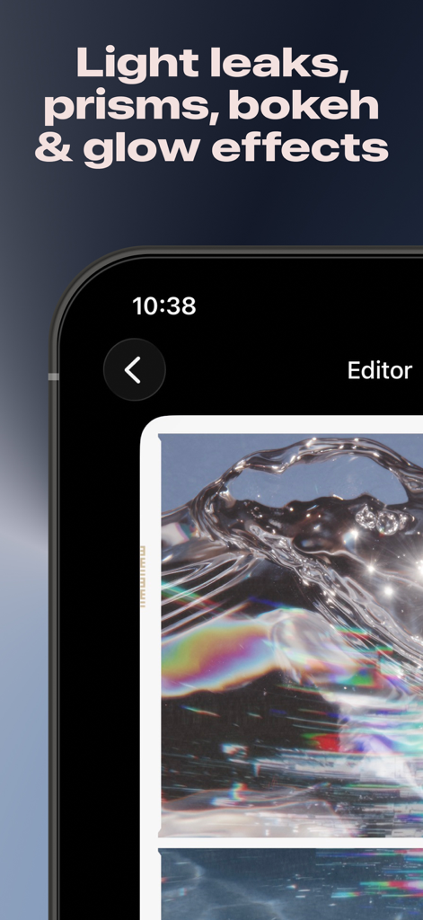 LUCH: Photo Effects & Filters - Interface do editor de fotos LUCH exibindo efeitos de prisma arco-íris e brilho em uma imagem estética