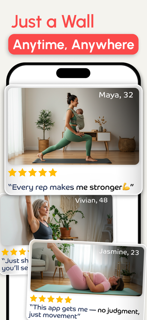 Fit Path: Workout for Women - A mobile app screenshot showing testimonials from women of different ages using the Fit Path app for wall and floor workouts.