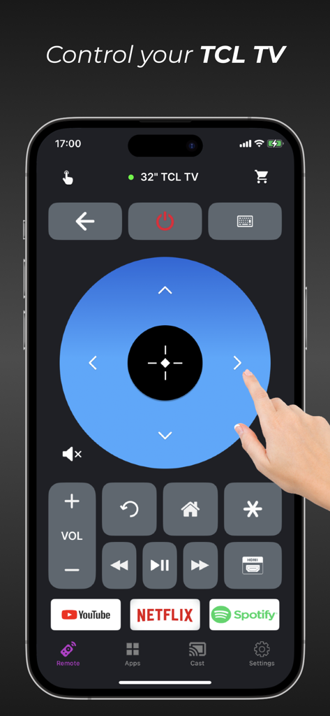 Universal remote app on iPhone controlling a TCL Smart TV with a digital D-pad and streaming shortcuts
