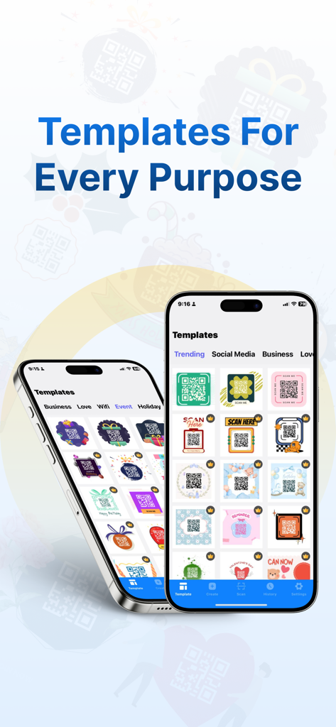 QR Maker: QR Creator & Scanner - A variety of colorful and creative QR code templates displayed on two iPhones for business and social media use.