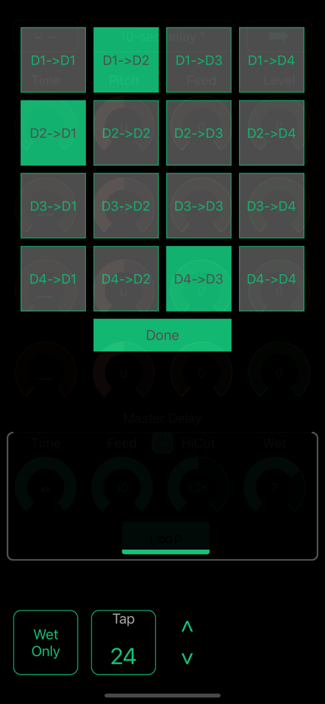Echo Pitch app interface showing the four voice delay routing matrix and master delay settings