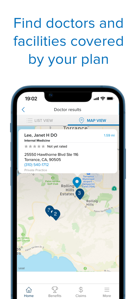 Vista de mapa de la aplicación Blue Shield of California que muestra médicos e instalaciones médicas cubiertas por el plan de seguro