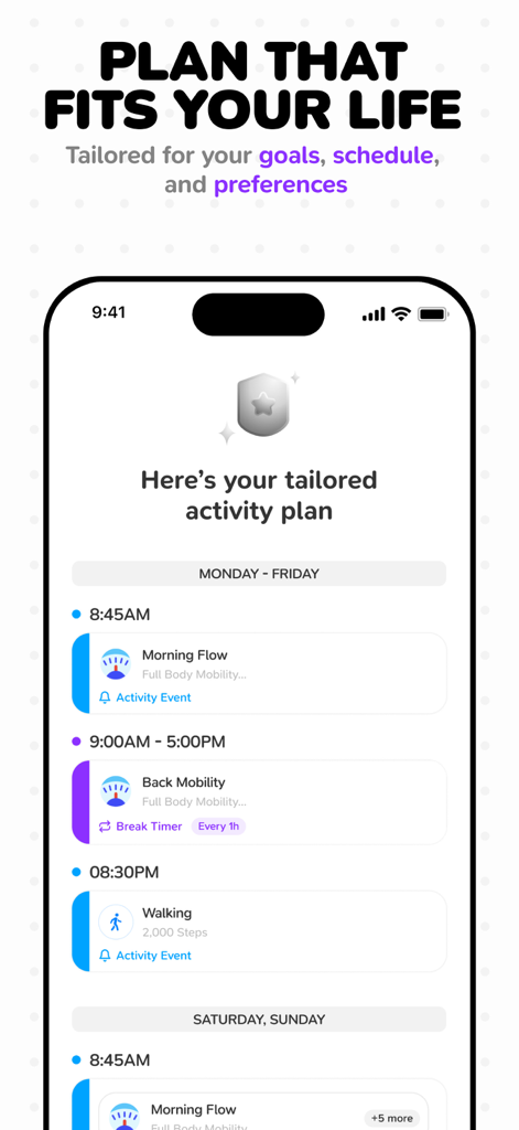 Moova: Hourly Activity Breaks - Una captura de pantalla de la aplicación Moova que muestra un plan de actividad diario personalizado con pausas de movimiento horarias y objetivos de caminata.