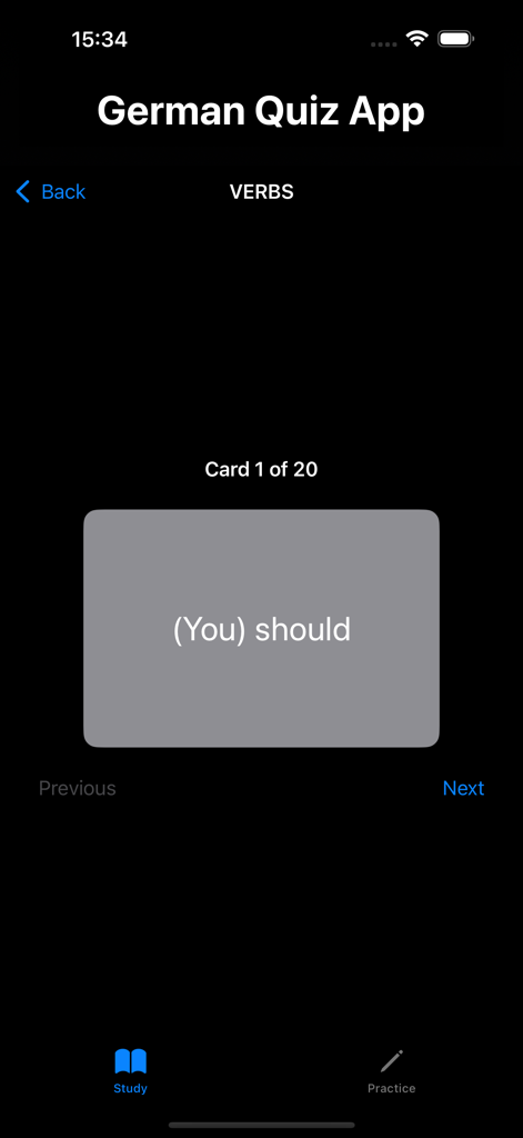 German A1 Quiz App - 動詞学習用のドイツ語A1クイズアプリのフラッシュカード画面