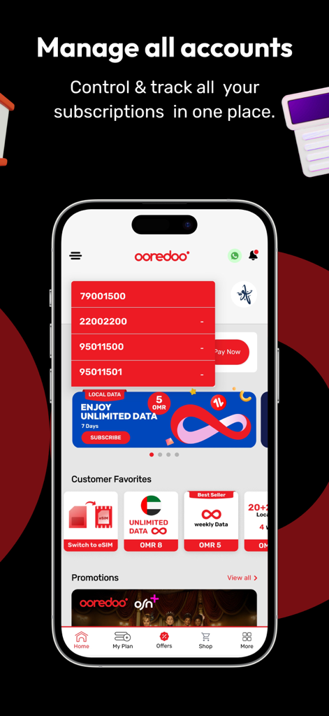 Ooredoo Oman - Ooredoo Oman App-Oberfläche zur Verwaltung mehrerer Konten und Datentarife