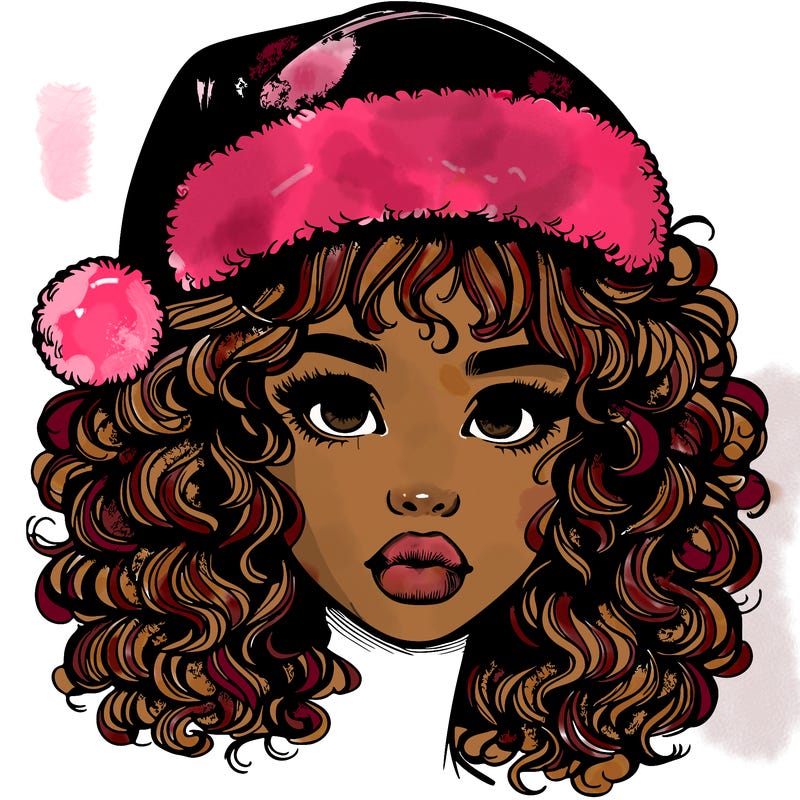 realistic girl with a santa hat curly hair and lips