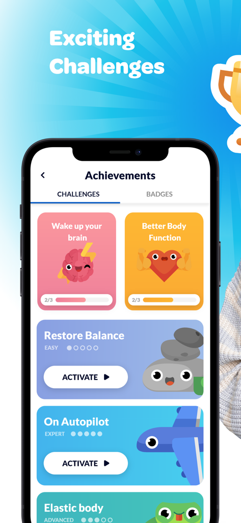 Waterful® Drink water tracker - Achievements screen in the Waterful app displaying various hydration challenges with gamified icons and progress bars