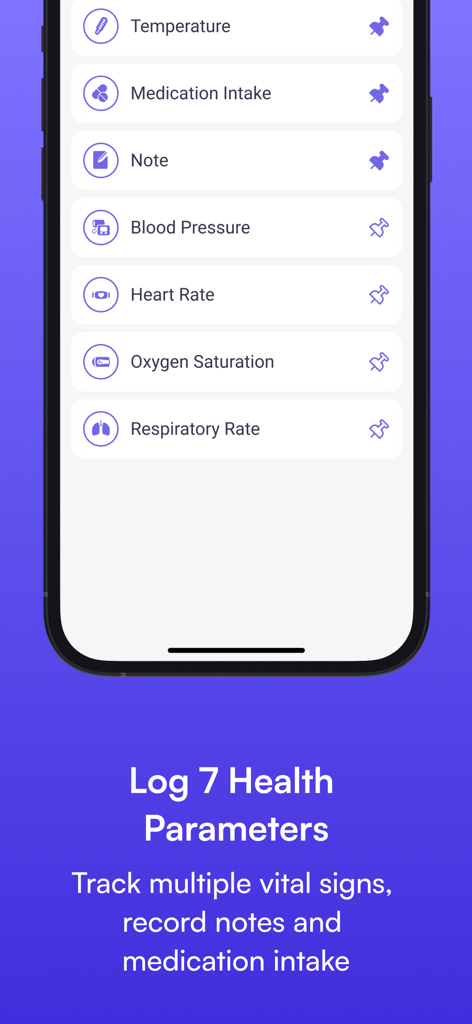 MedM app interface showing a list of seven loggable health parameters including temperature, medication intake, and vital signs