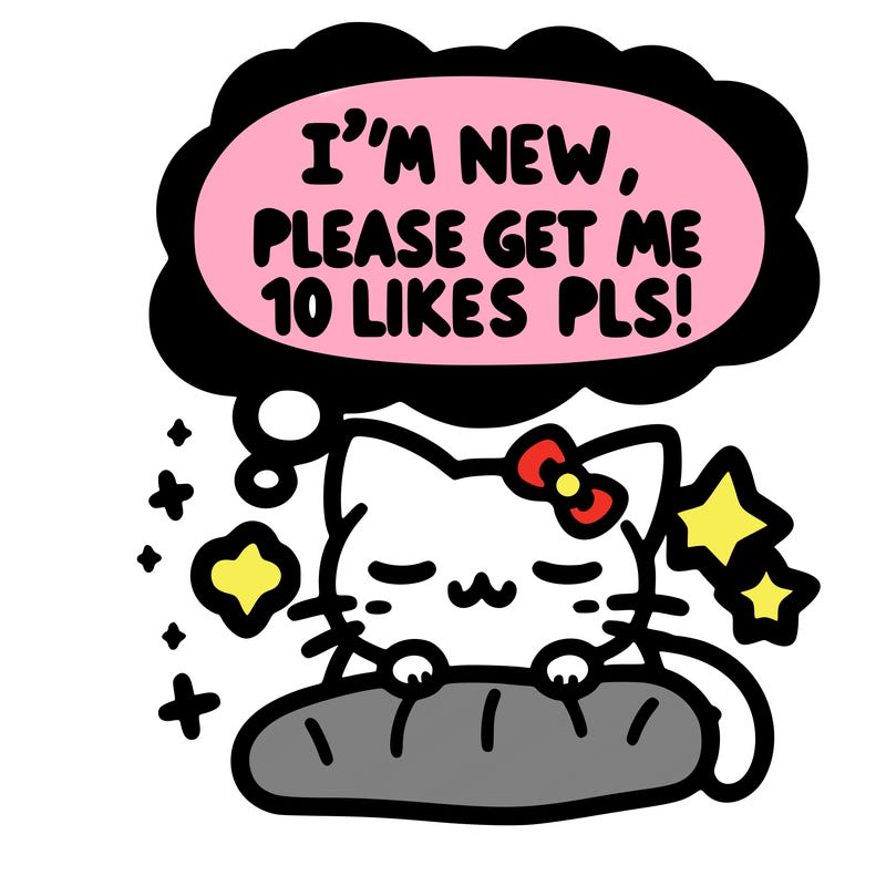 kitty taking a nap dream talking and saying "i'm new, please get me at least 10 likes pls!!"