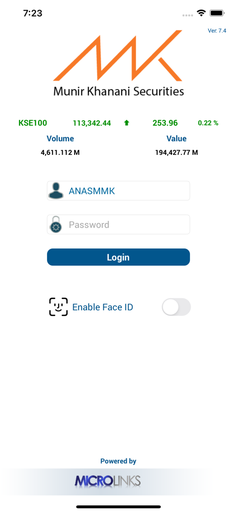 MMK Trade-iFlair - MMK Trade-iFlair login screen featuring Munir Khanani Securities logo and KSE100 stock market index data.