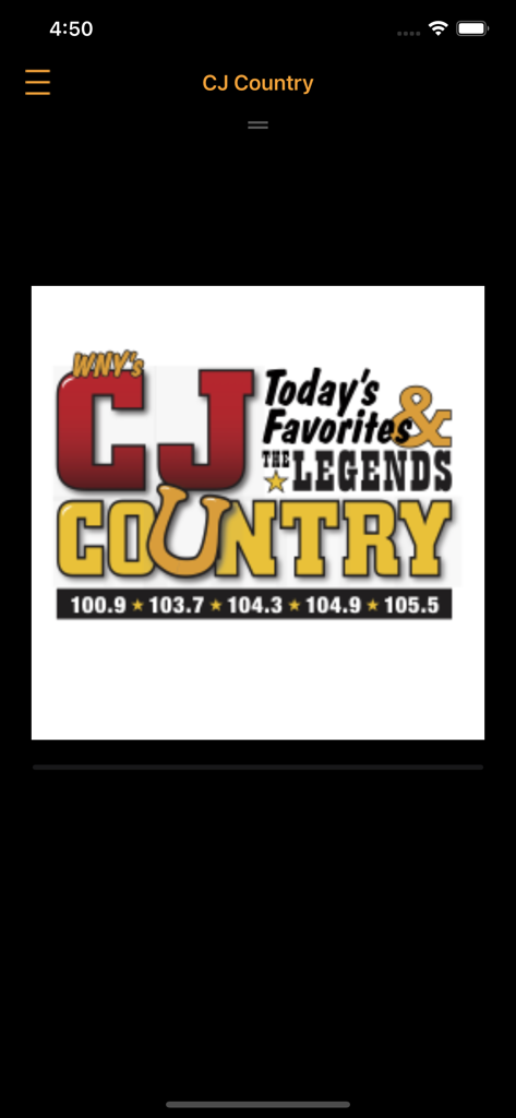 Home screen of the CJ Country WCJW radio app featuring the station logo and WNY broadcast frequencies.