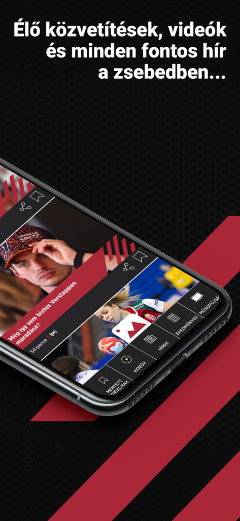 M4 Sport app screen displaying Hungarian sports news and live streaming options.