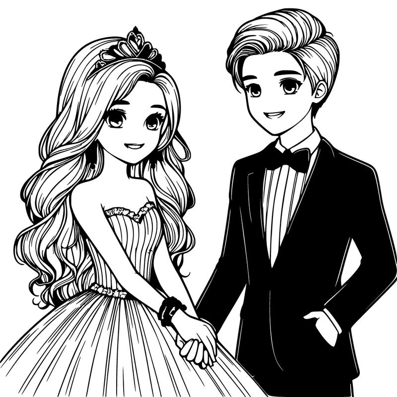 a realistic teenaged girl with long hair with a long ball gown dress and tiara holding hands with teenaged boy with a tuxedo smiling at each other