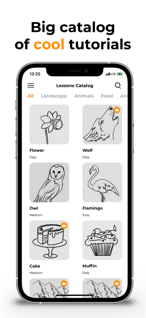Mona - How to draw - Mona app lessons catalog showing step by step drawing tutorials for flowers animals and food