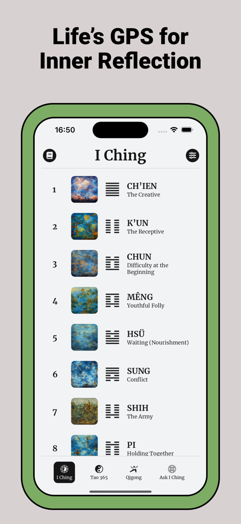 I Ching - Una pantalla de aplicación móvil que muestra hexagramas del I Ching y sus significados filosóficos